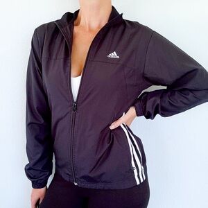 Adidas black white three stripe mesh lined windbreaker jacket size small